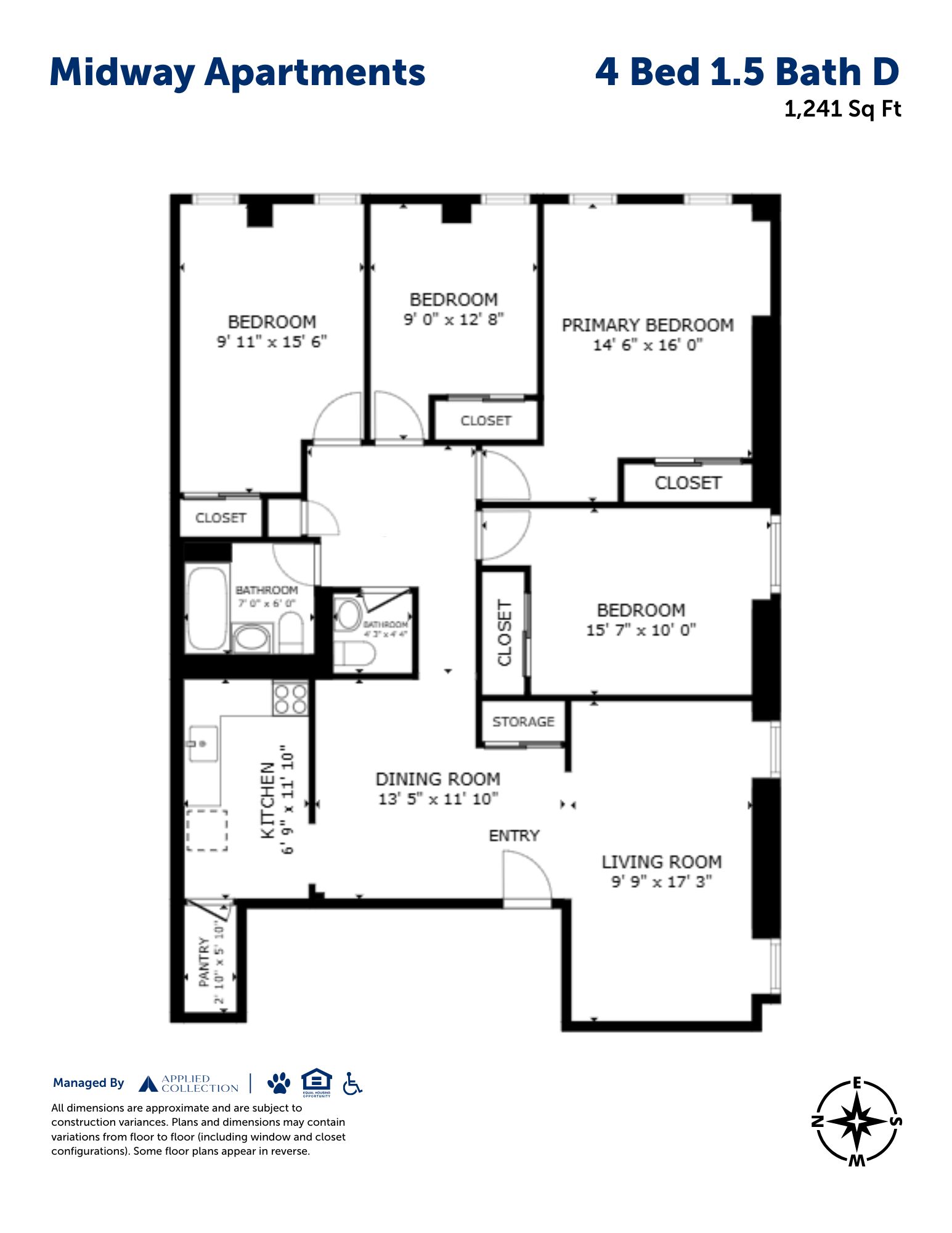 Floor plan for 4 beds, 1.5 baths, 1241 sqft